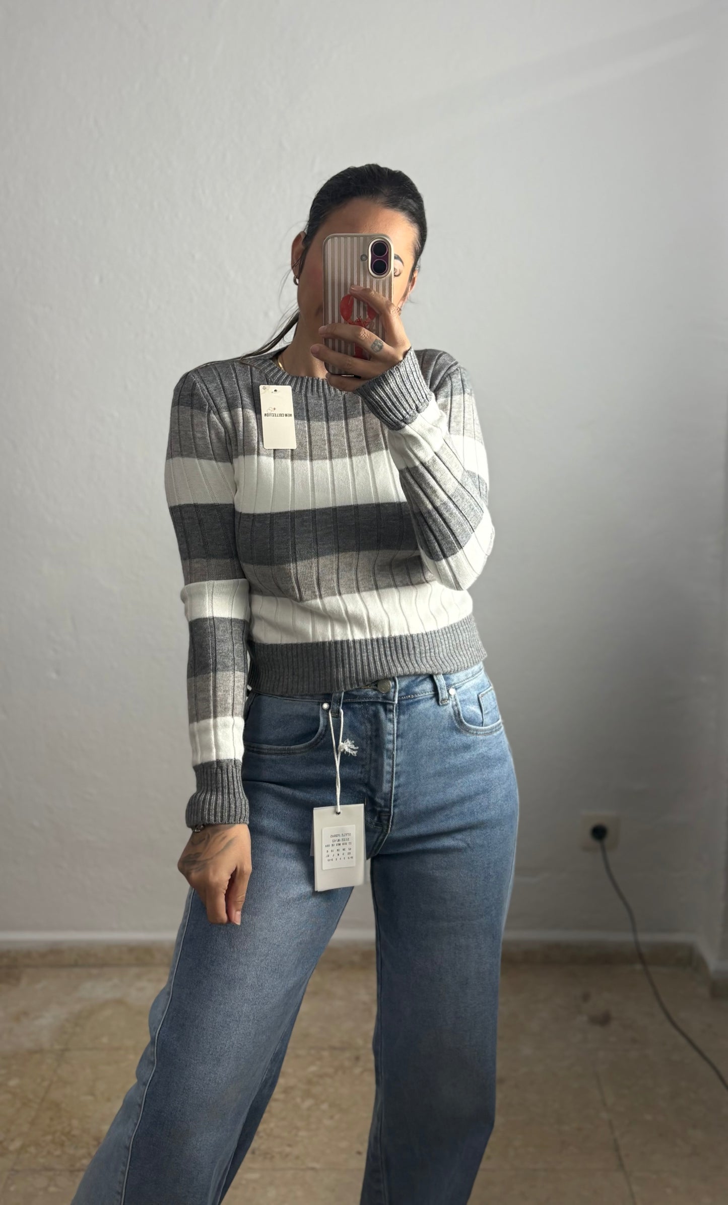 Jersey canalé rayas gris